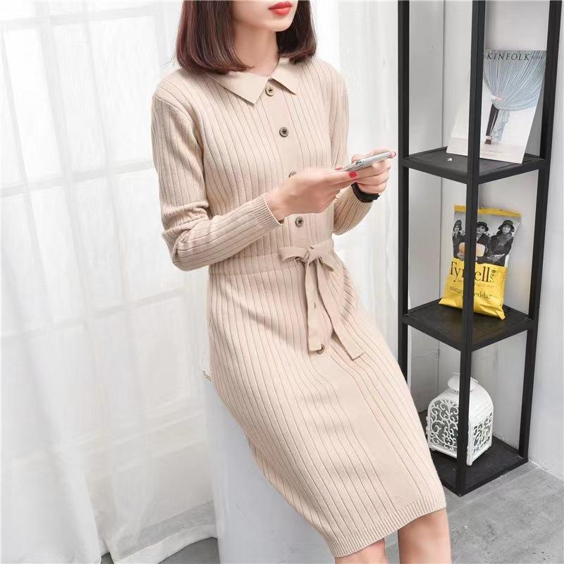 

Autumn and Winter Baby Collar, Cinched Waist, Tie Mid-length Dress, Solid-color Knitted Sweater Dress, Long Sleeves One size бежевий