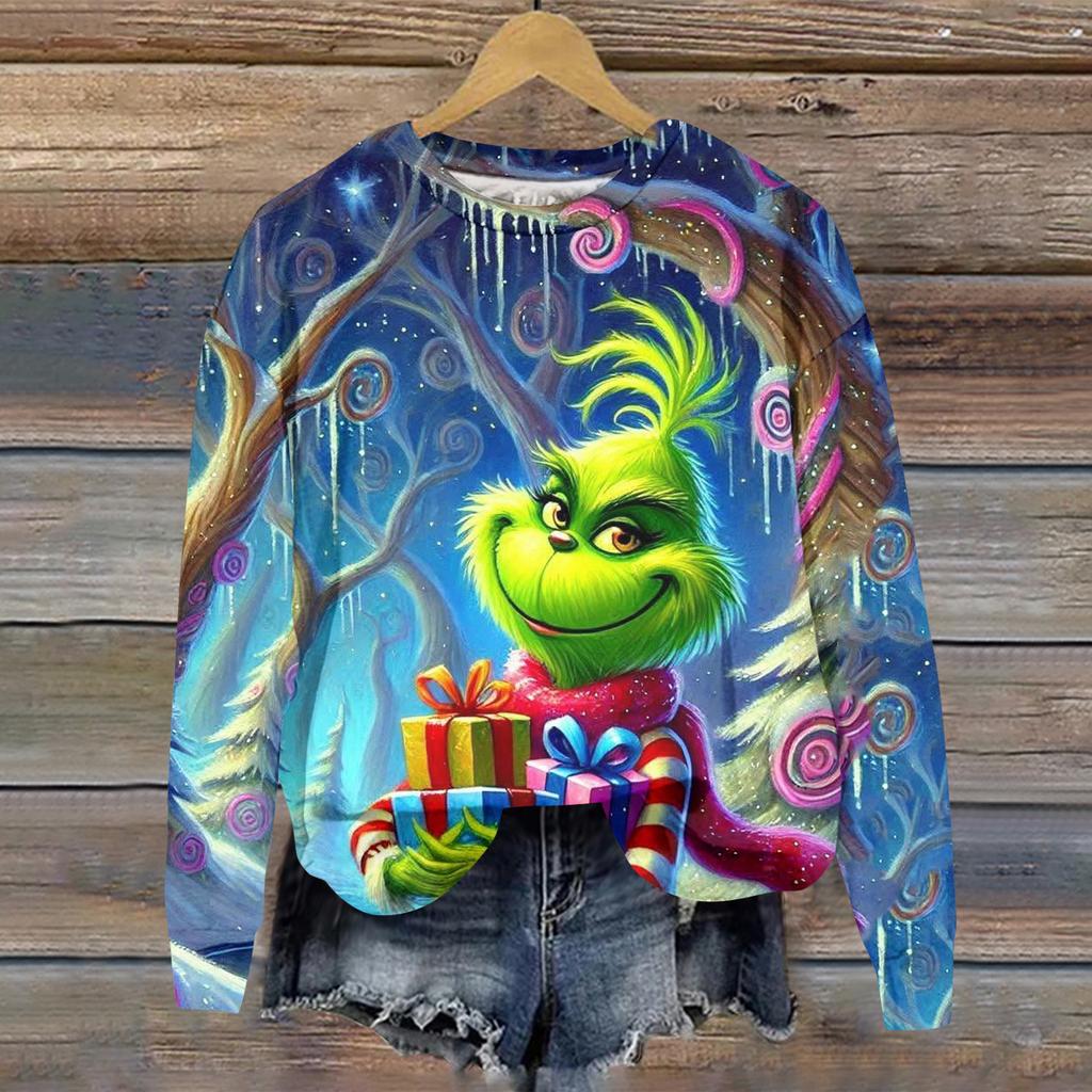 Ladies' Christmas Greentown Print Casual Long Sleeved Round Neck Sports Hoodie Top