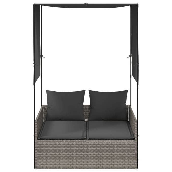 VidaXL Double Sun Lounger with Roof and Curtains Grey Braided Resin, Sunbed, Outdoor Daybed, Daybed of 4002757