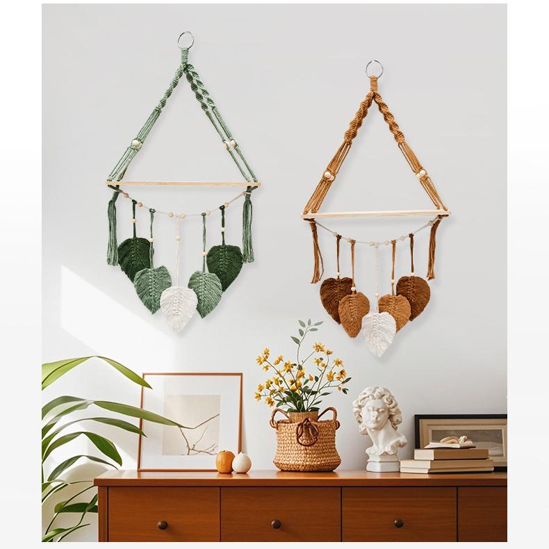 Bohemian Macrame Wall Shelf, Hand‑woven Cotton Rope Leaf Wall Hanging Decor