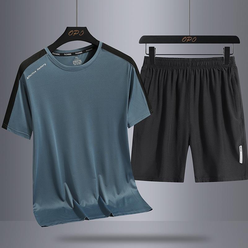 Sports Suit Men's Ice Silk Casual Loose Two-piece Set New Breathable Quick Drying Outdoor Round Neck T-shirt Shorts