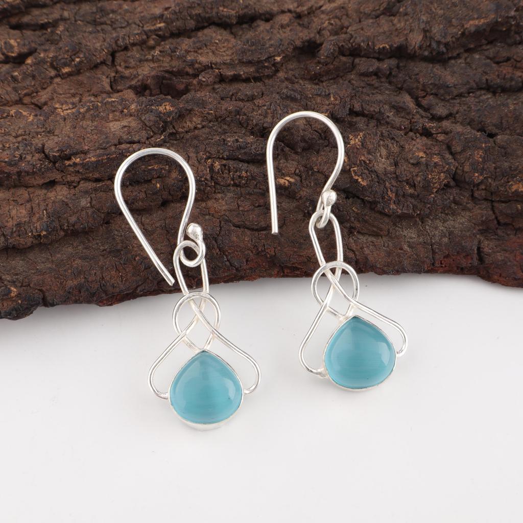 Blue Cat's Eye Gemstone Earrings, 925 Sterling Silver Earrings Jewelry, Handmade Jewelry Earrings, Balancing Jewelry Gift For Women