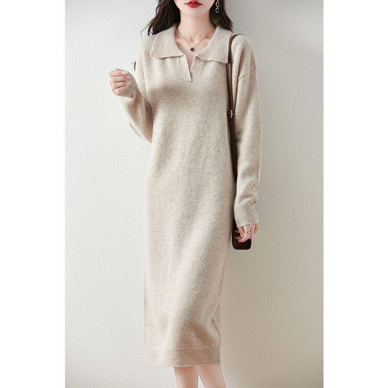 Women's Thickened Wool Polo Neck Long Dress - Autumn/Winter Loose Knit Base Layer 