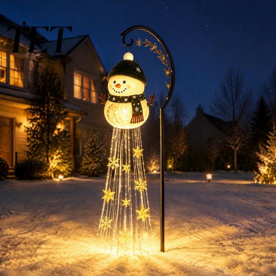 Wasserdichte LED-Rasenornamente Solar-Schneemann Gartenspießleuchte, Fließende Wasserfall-Lichterkette mit Außenhofdekorationen Stern Schneeflocke, Dekoration für