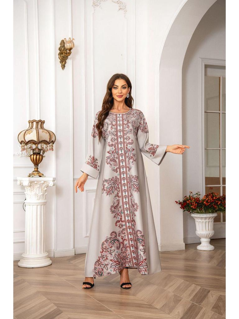 High-Density Beaded Print Muslim Abaya Dress