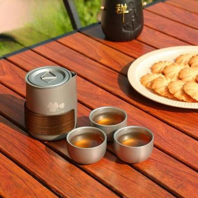 Titanium Alloy Portable Travel TeaSet Camping Kit with Double Wall Teacup Heat Resistant Pot Outdoor Hiking BrewingEquipmentGift
