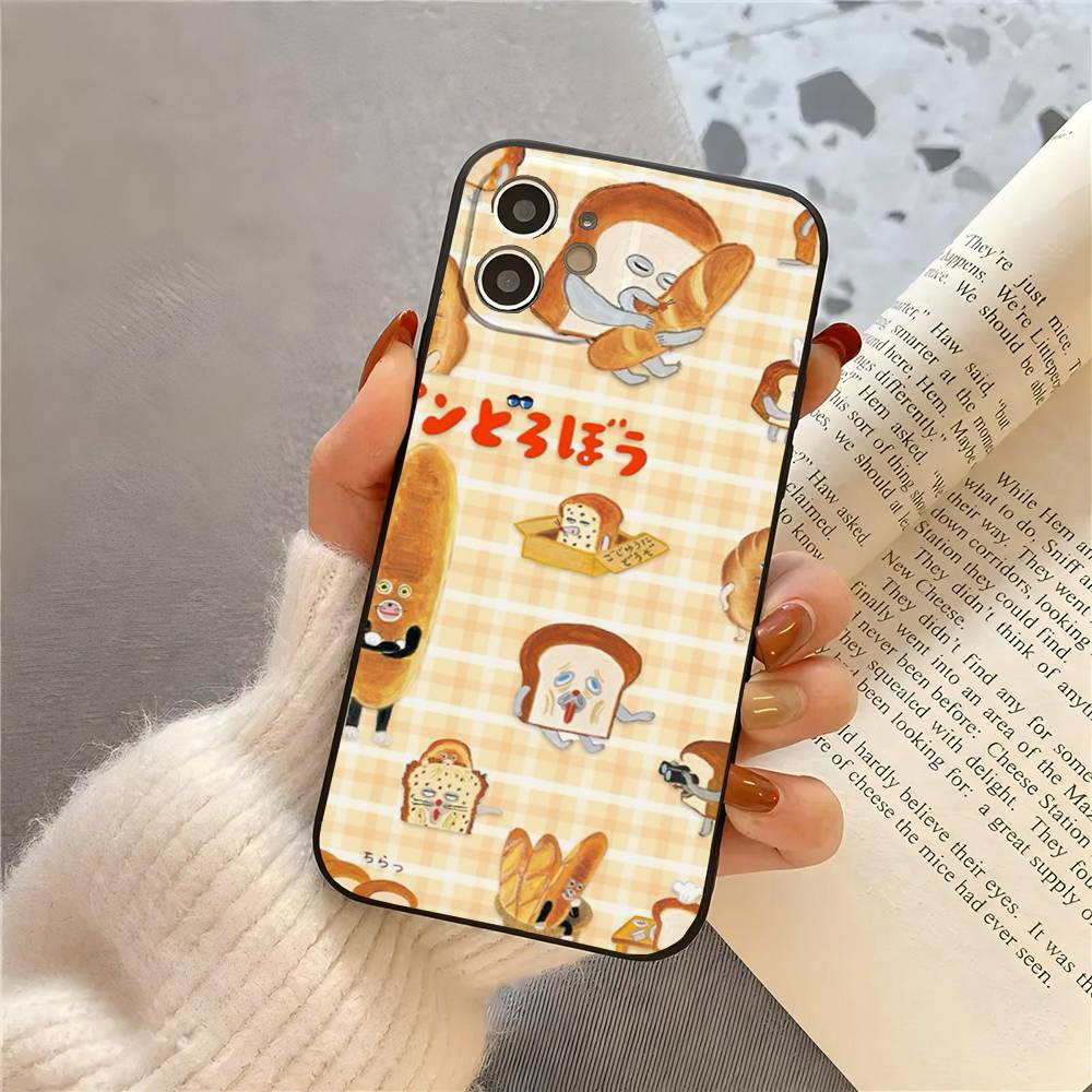 P-Picture Book Bread Phone Case For IPhone 17 Air 16 15 14 13 Pro Max 11 12 Black Silicone Cover