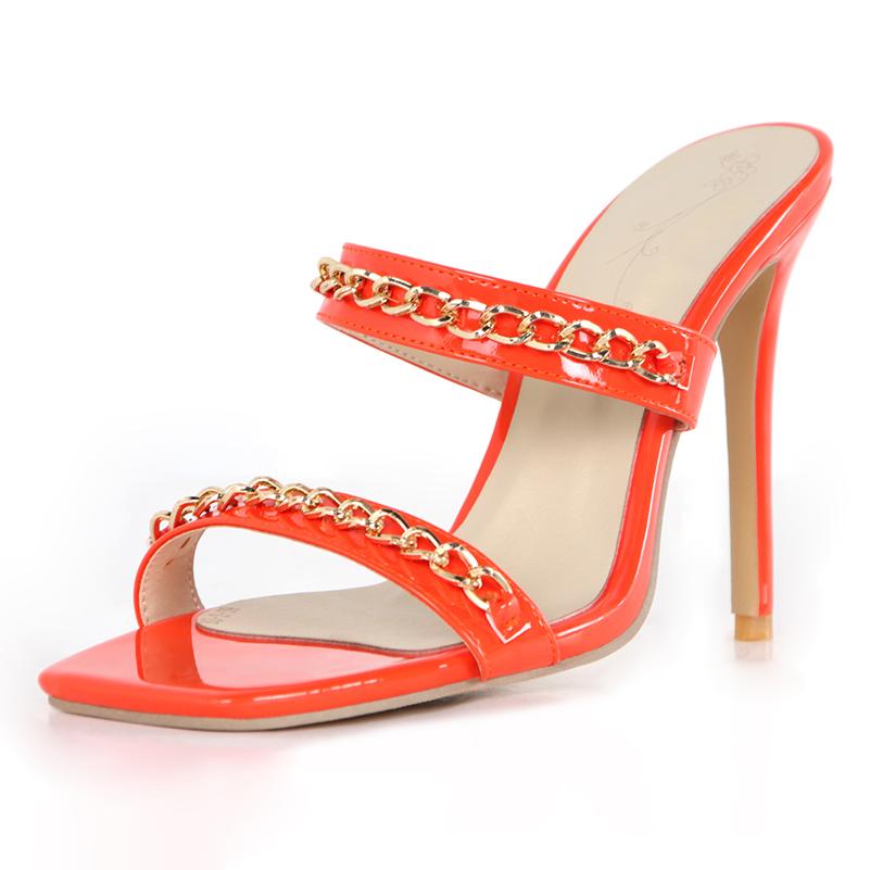 

Ultra High Slim Heel Square Toe Exposed Toe Metal Chain Decoration External Slippers Shiny Patent Leather Material Sexy Slippers 34 помаранчевий