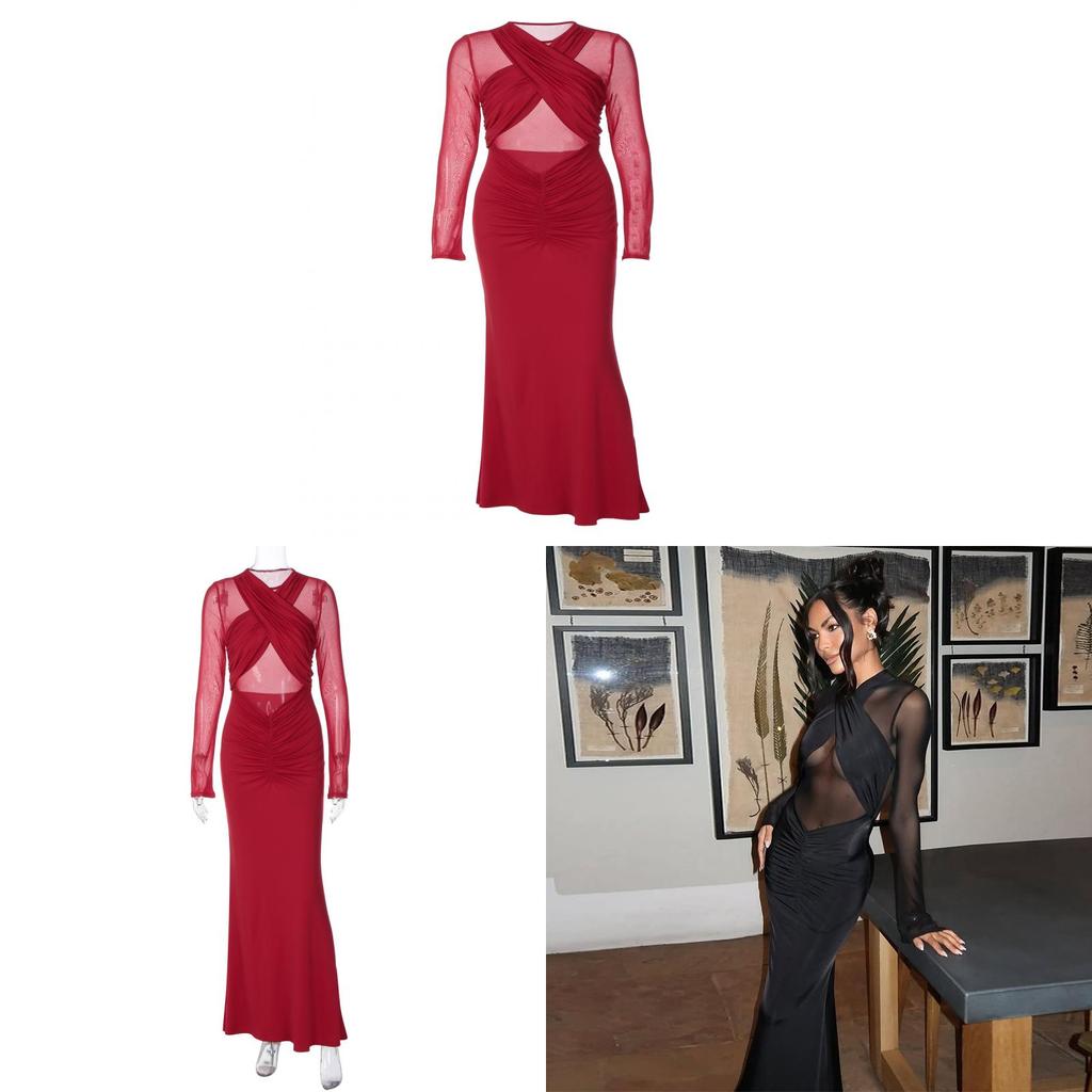 Long Sleeve Solid Color Sheer Mesh Bodycon Dress For Winter Party And Night Out