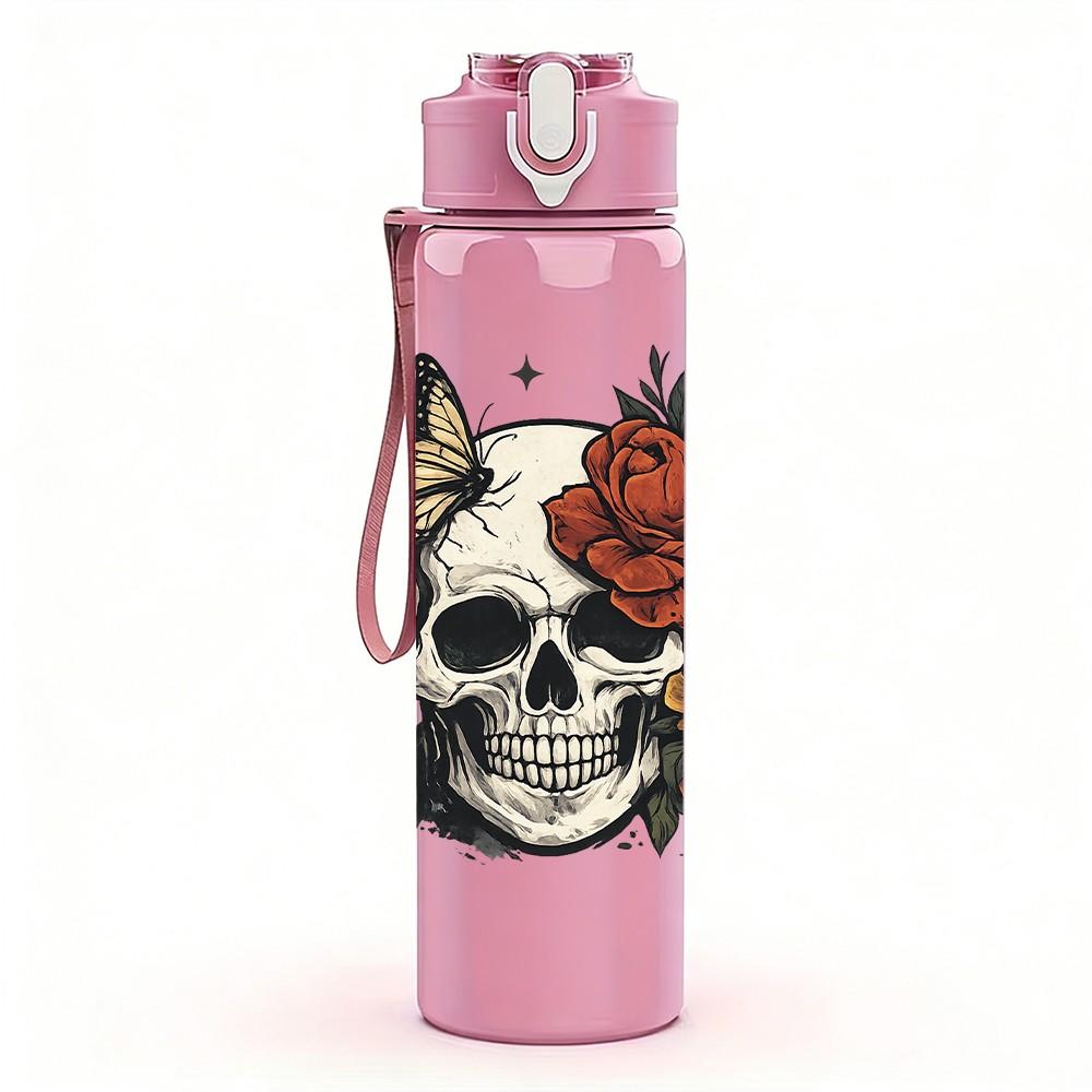 1PC Skull With Red Rose Floral Tattoo Print 750ml Color Plastic Sports Water Bottle Leakproof Flip Straw Lid Suitable for Sports Office Home Use
