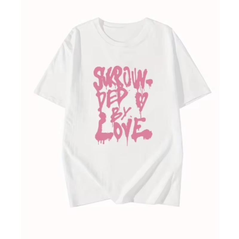 

Womens Casual White TShirt with Pink Letter Print Summer Short Sleeved Harajuku Streetwear Tops Tees Women Clothes S