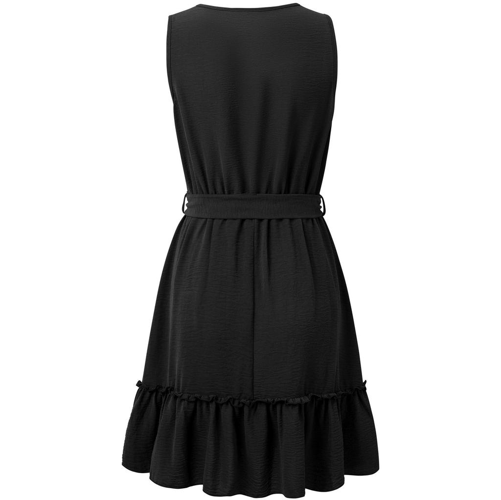 Women Spring Solid Color Lace V-Neck Sleeveless Dress Summer Casual A-Line High Waist Above Knee Belt Short Dresses S-XL