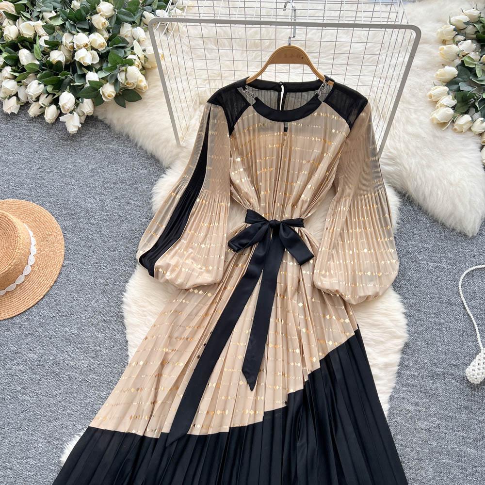Vintage Elegant Spliced print slim Dress Korean Fashion Long dress hotsweet Women Fashion Dresses