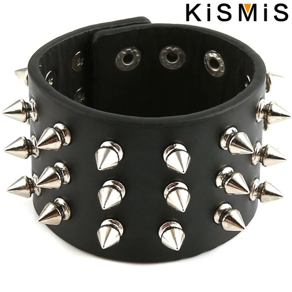 Punk Gothic Metal Cone Studs Rivet Leather Bracelet Wide Cuff Wristband for Men Fashion Jewelry Charm