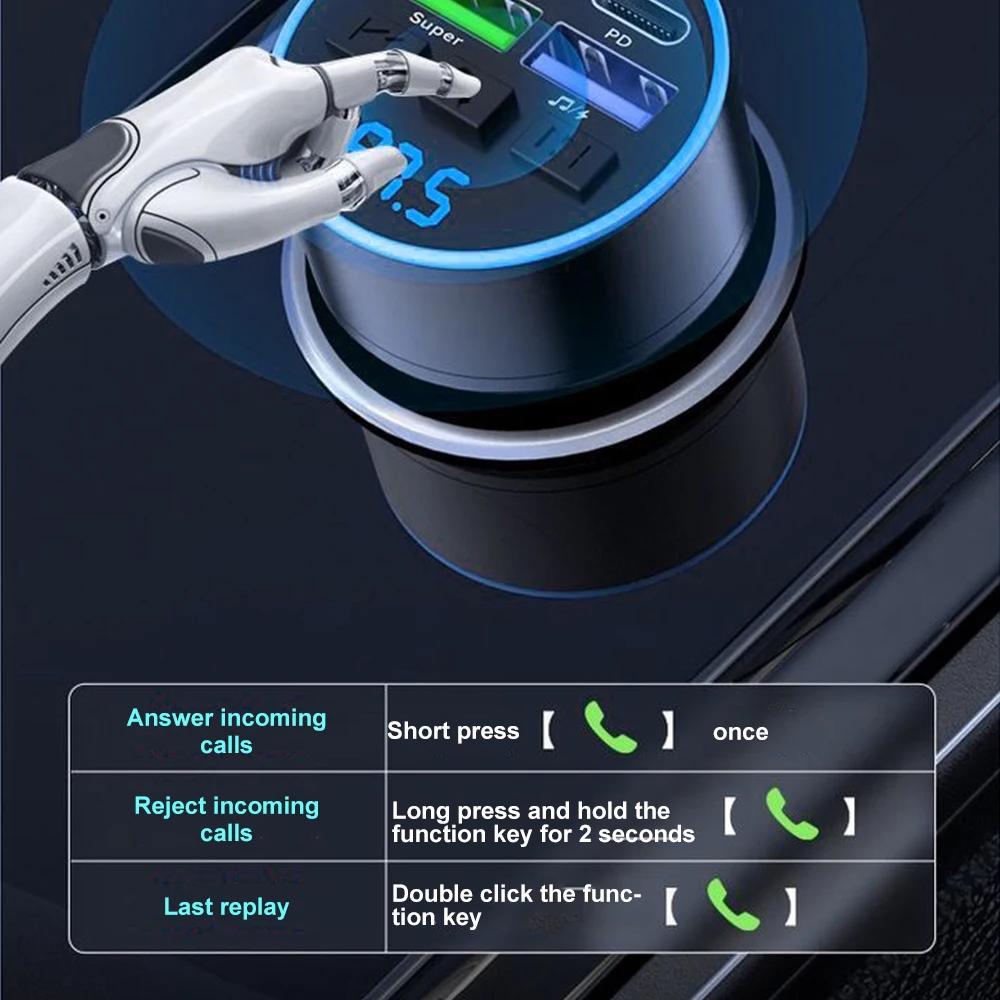 4-in-1 Bluetooth Car Kit Dual USB PD Car Charger Fast Charging MP3 Player with Voltage Display Atmosphere Lamp Adapters 12V-24V