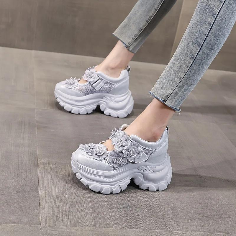 9CM Air Mesh Genuine Leather Chunky Sneaker Fashion Spring Summer Ankle Boots Hook High Brand Comfy Booties Flower Shoes Women