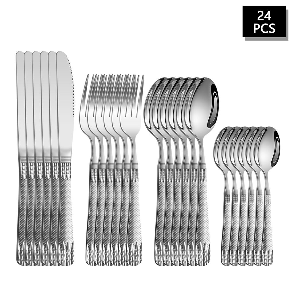 4/6/16/24pcs Stainless steel wheat ear cutlery set Silver steak knife, fork and spoon combination cutlery for family hotel party