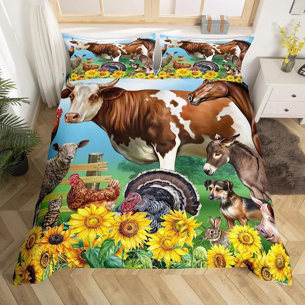 Cow Duvet Cover Collection King Microfiber Milk Cow And Yellow Sunflower Print Comforter Cover Cute Animal And Floral Theme Bedding Collection