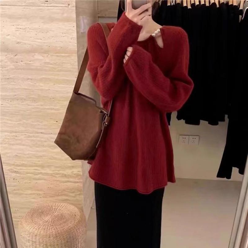 

Красный свитер с длинным рукавом Женская одежда Осень Зима Новый Свободный Лоскутный Ажурный Жемчужный Длинный рукав Удобные вязаные топы S красный