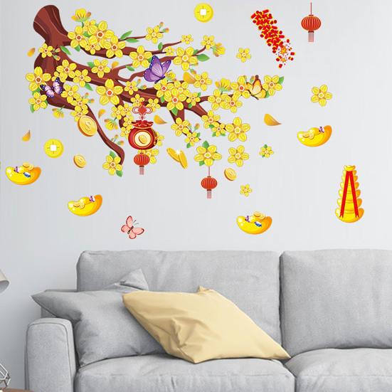 

Chinese New Year Wall Sticker Garden Flower Tree Ingots Decals Living Room