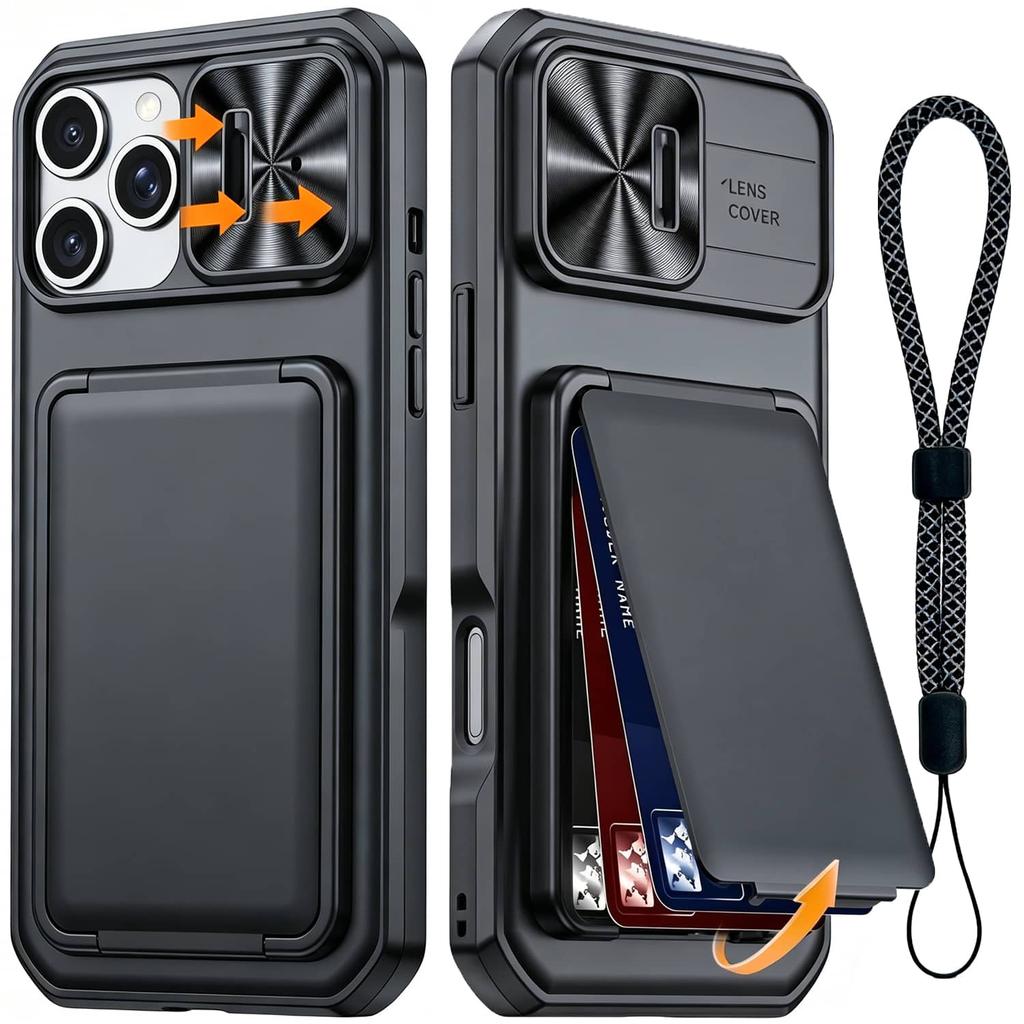 WEFOR Suitable for iPhone 17 16 15 Pro Max Case Wallet + Wrist Strap, Built-in Card Holder (3-4 Cards) & Slide Camera Cover