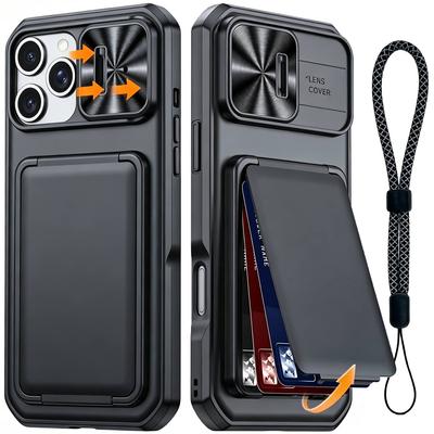 Suitable for IPhone 17 16 15 Pro Max Case Wallet + Wrist Strap, Built-in Card Holder (3-4 Cards) & Slide Camera Cover