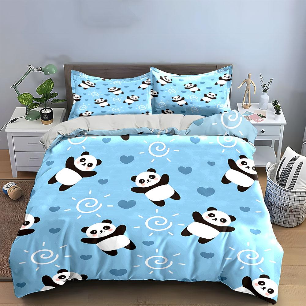 Cute Panda and Hearts Pattern Bedding Duvet Cover Set Duvet Cover Pillowcases (1*Duvet Cover 2*Pillowcases, without duvet insert)