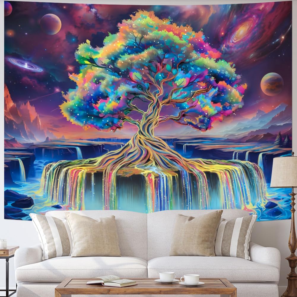 Obsecolors Blacklight Tree of Life Tapestry UV Reactive Waterfall Tapestry Galaxy Space Aesthetic Tree Wall Tapestries Colorful Starry Sky Tapestries
