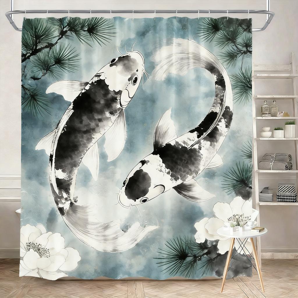 Luxury Golden Koi Fish with Cherry Blossoms Waterproof Shower Curtain for Feng Shui Bathroom Decor
