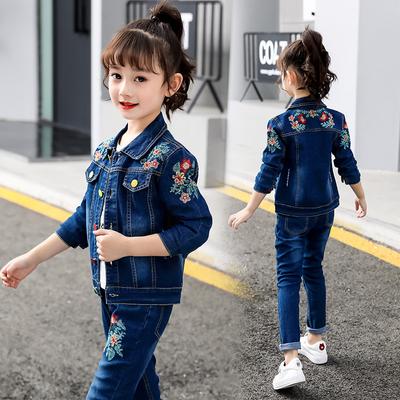 Ensemble de vêtements d'automne et de printemps pour enfants et filles Ensemble de vêtements brodés pour bébés et enfants Ensemble de costume 2 pièces veste en jean + pantalon en jean