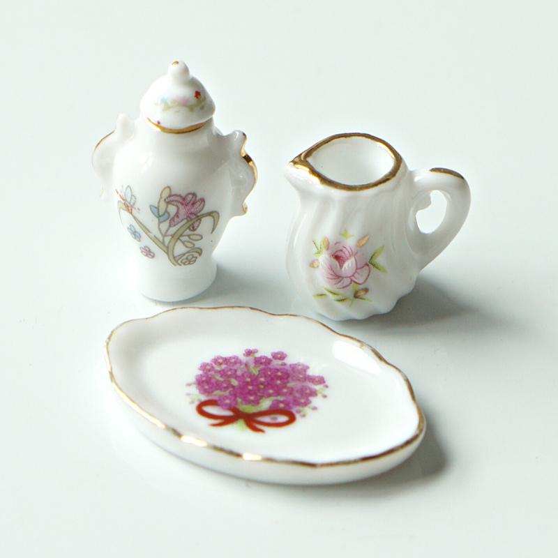 1 Set Doll House Decoration Mini Ceramic Tea Kit Simulation Kettle Plate Model Toy 1/12 Dollhouse Miniature Accessories