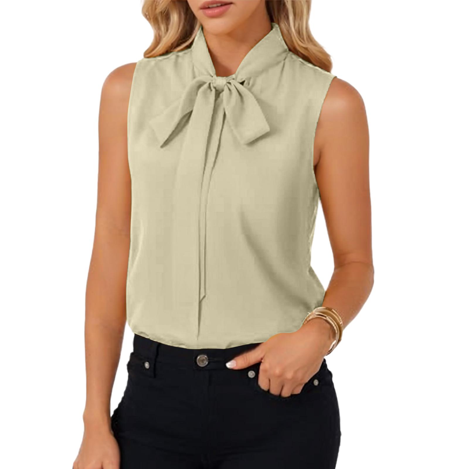 

Женская Модная Элегантная Блузка-Рубашка Топ без Рукавов с Бантом на Шее S бежевый