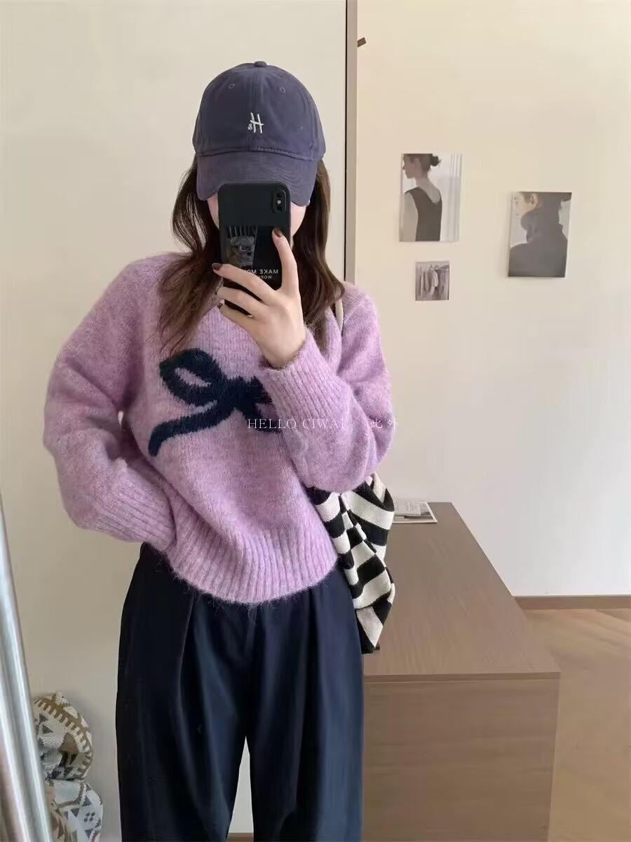 

Korean Sweet Anti-Aging Bow Round Neck Long Sleeve Knit Sweater for Women - Soft Spring/Summer Japanese Style Top XXL (130-140 lbs) фіолетовий