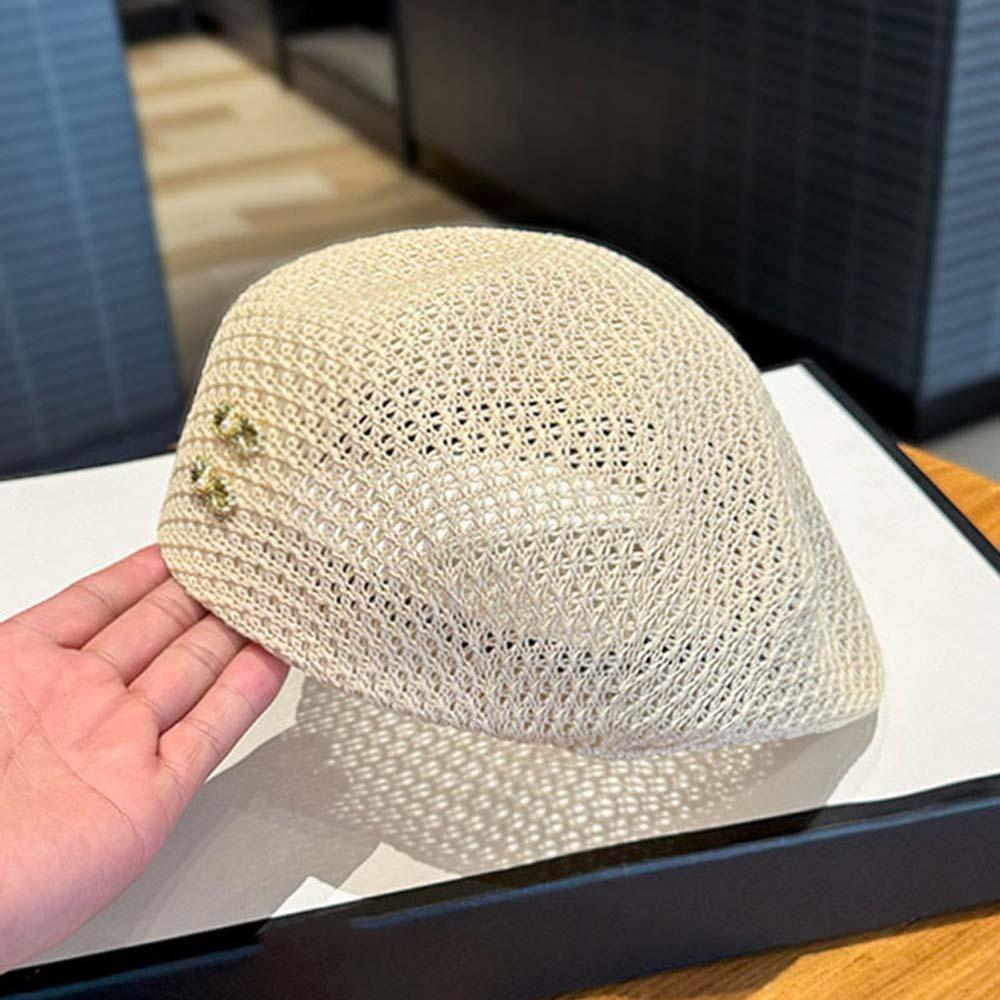 Korean Style Hollow Out Forward Cap Solid Color Vacation Beach Hat Woven Sun Beret Cap  Daily