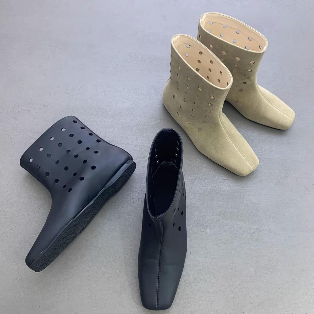 Sheepskin version~ Design sense leather wide tube hole western boots women's retro hollow breathable Maillard cool boots net boots