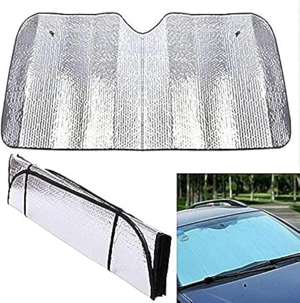 Foldable Reflective Car Windshield Sunshade, Silver Heat Insulation, Blocks Sunlight for Interior Protection.