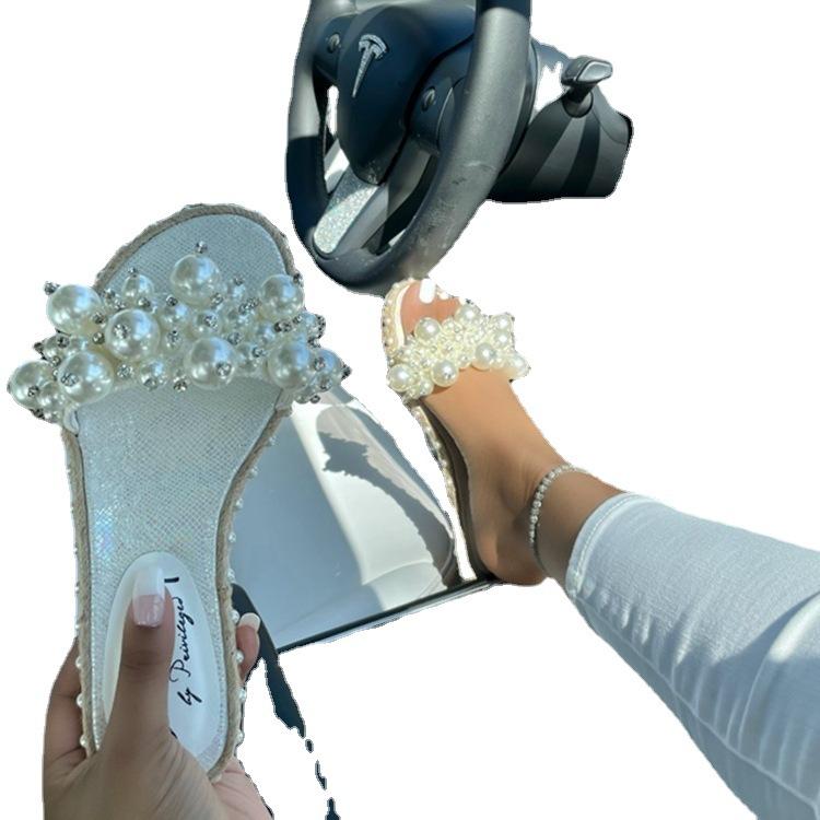 Evropa, Amerika 2021 léto nové jednoslovné nazouvací perlové módní sandály ploché boty velké velikosti lehké ležérní všestranné