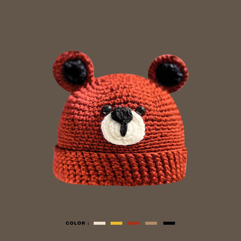 Japanese Handcrafted Cute Bear Wool Hat Female Winter Round Top No Brim Knit красный