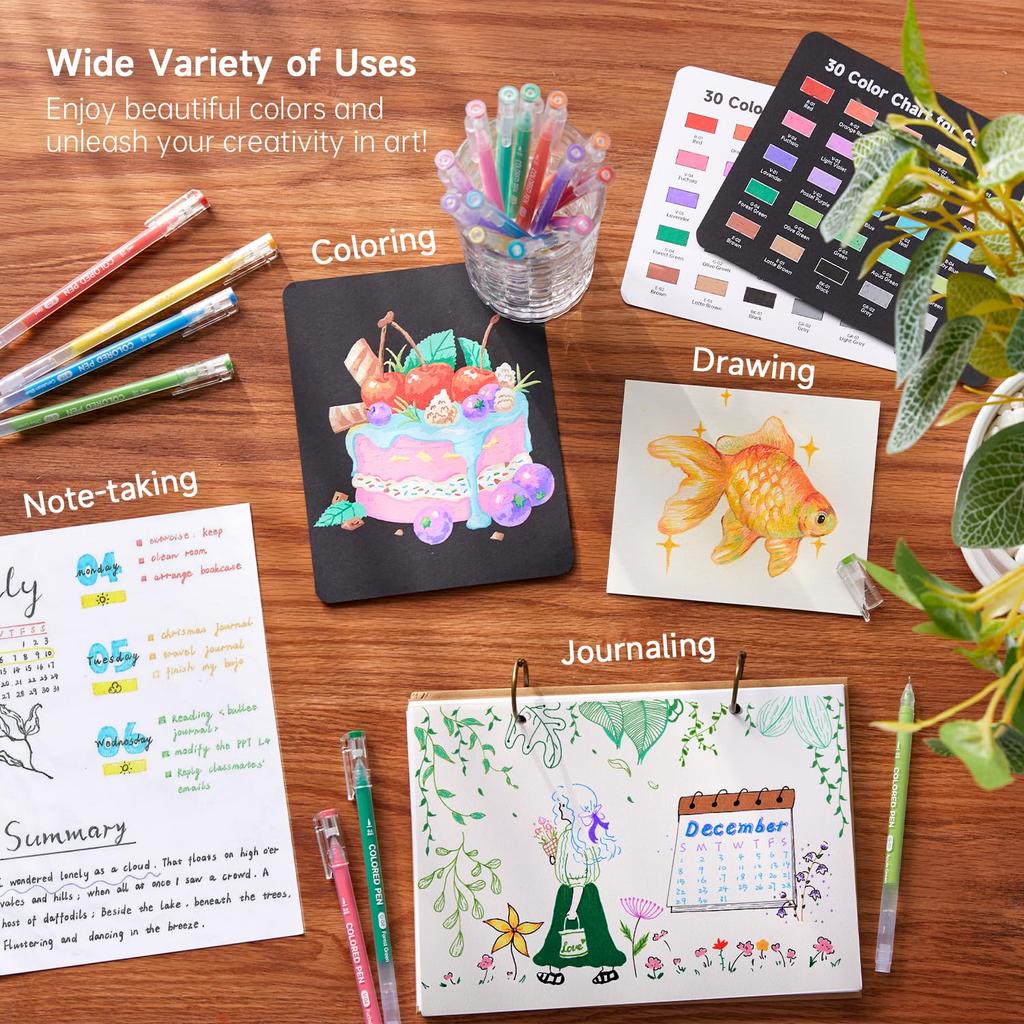 Shuttle Art Gel Pens 30 Colors Fine Point Cute Journal Pen Gel Pen Black Paper Color Swatches for Adults Coloring Writing Drawing Diary Memo School