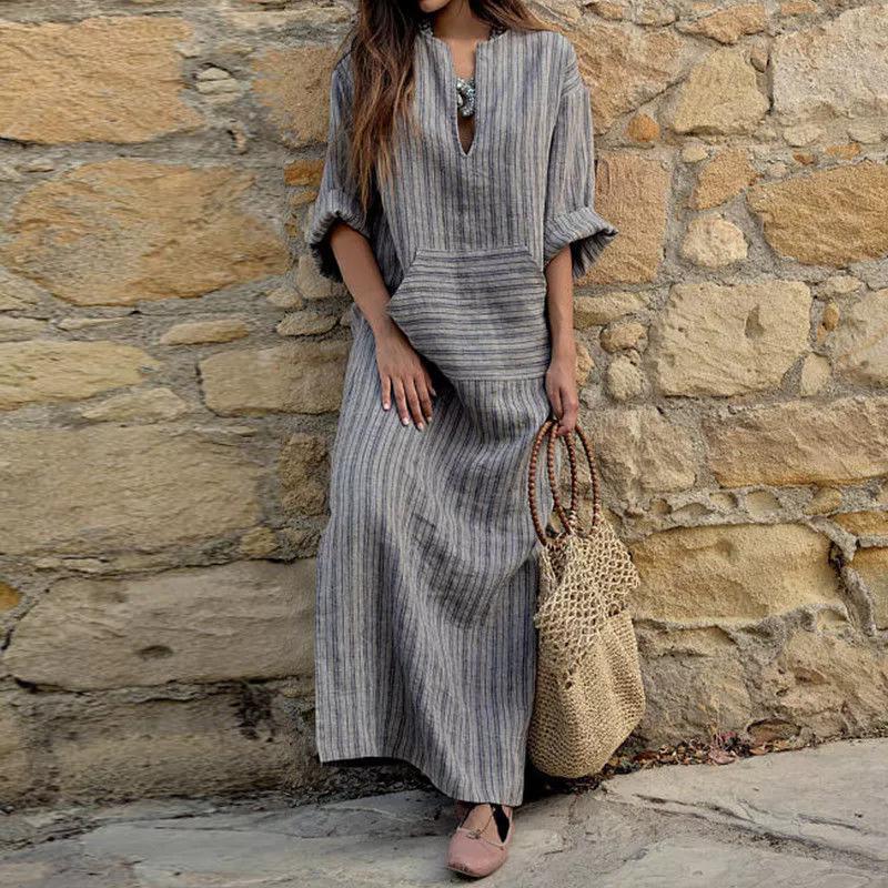 Abito da donna a righe con tasche in cotone e lino, stile europeo e americano