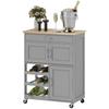 Modern Kitchen Trolley, Rolling Island Storage Cart with Drawer, 9-bottle Wine Rack, Door Cabinets, Wooden Countertop, Grey