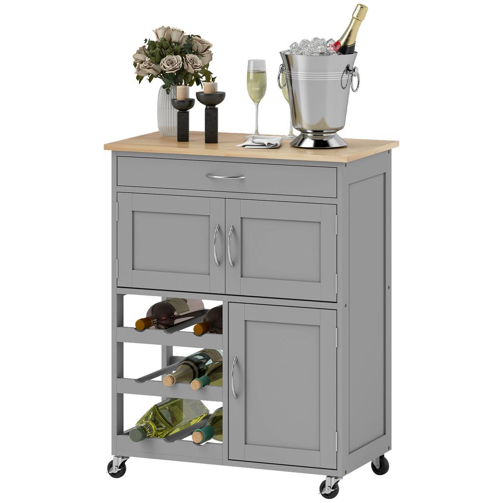 Modern Kitchen Trolley, Rolling Island Storage Cart with Drawer, 9-bottle Wine Rack, Door Cabinets, Wooden Countertop, Grey