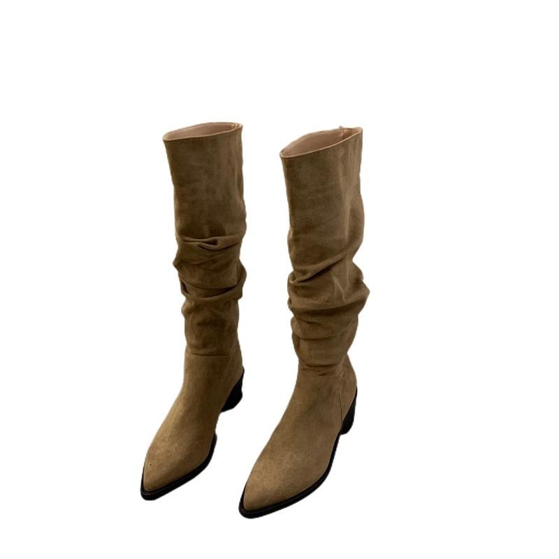 Women's Suede High-heeled Boots for Autumn and Winter 2025, New Plush Pointed Stacking Boots, Fashionable Outdoor Knight Boots