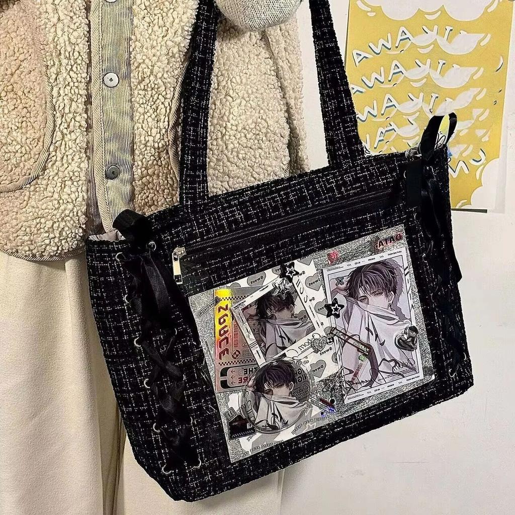 New Y2K Ribbon Bow Japanese Ita Shoulder Bag Cute Girl Transparent Pocket Large Capacity Crossbody Tote Bag DIY Display Handbags