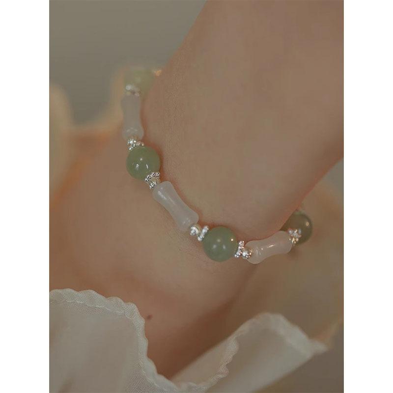 Qinghe Tianshan Green Bamboo Knot Hetian Jade Bracelet for Women with Fortune Pendant, New Chinese Style National Style Jewelry