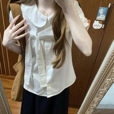 Korean College Style Bow Lace-up Doll Collar Short-sleeved Shirt Women's Summer New Loose and Thin Versatile Top