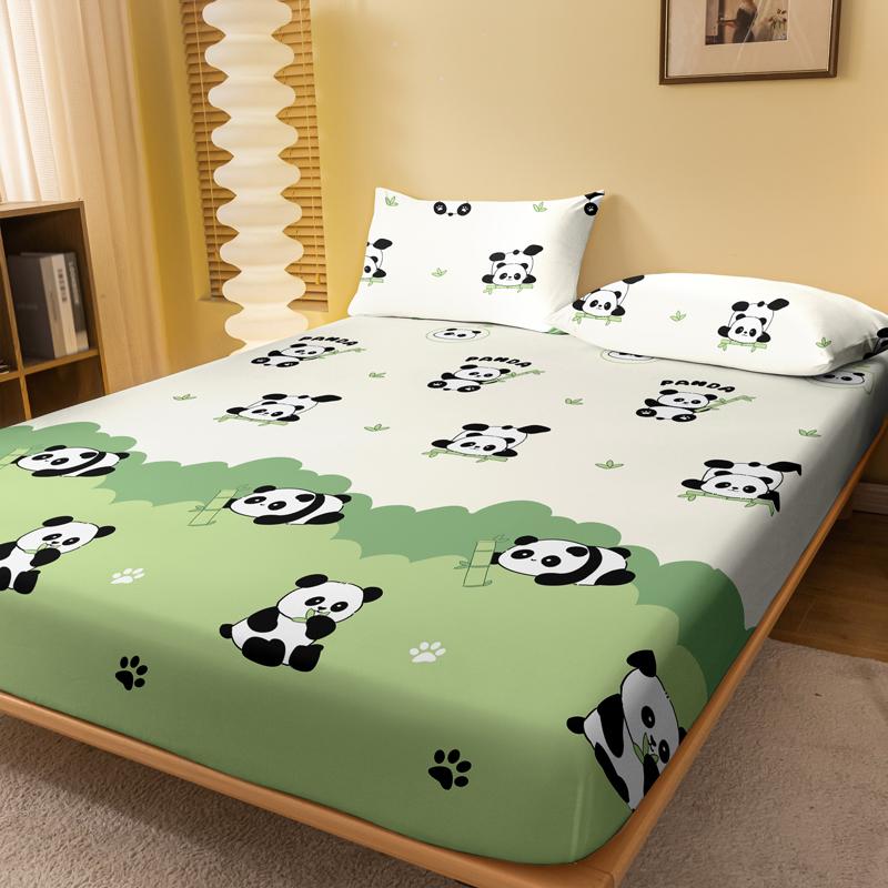 1 Cartoon Cute Plant Flower Panda Printed Matte Fitted Sheet, Bedroom Printed Bed Cover, Bedding (Excluding Pillowcases)