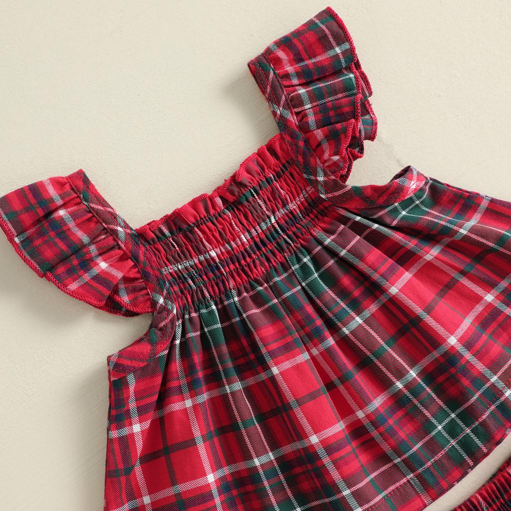 Citgeett Summer Christmas Infant Baby Girl Outfit Flying Sleeve Plaid Tops Bloomer Shorts Xmas Clothes Set