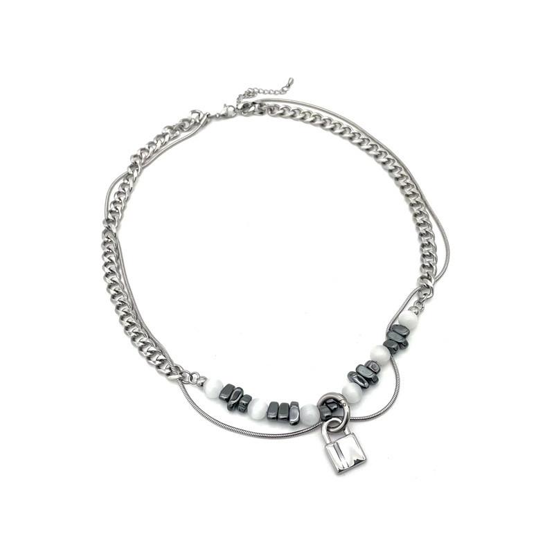 Двухслойное титановое стальное ожерелье с натуральным камнем и звеньями цепи для всех