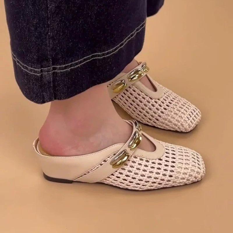 Fashion Soft Leather Simple Wedge Heel Cool Mopping Summer New Square Toe Shallow Mouth Woven Cutout Metal Buckle Wear Wrapped Slippers